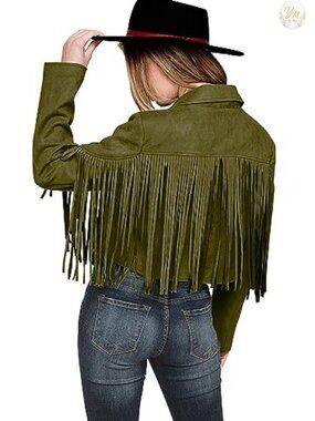 Faux Suede Fringe Jacket Women Cropped Moto Tassel Western Fall Winter Coat